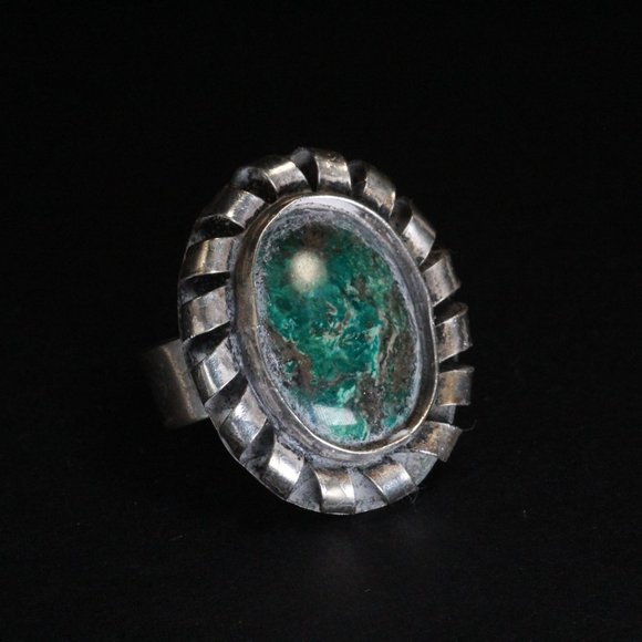 SILVER 800 BIG GREEN STONE SPLIT RING - Picture 3 of 7